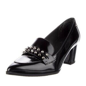 $600 STUART WEITZMAN STUDDED LOAFER PUMP POINTY BLOCK BLACK LEATHER 7 (PB21)